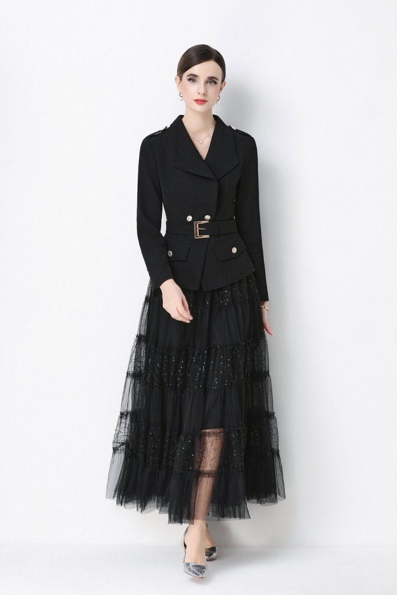 Military Notch-Lapel Peplum Jacket & Tiered Glitter Tulle Skirt Set