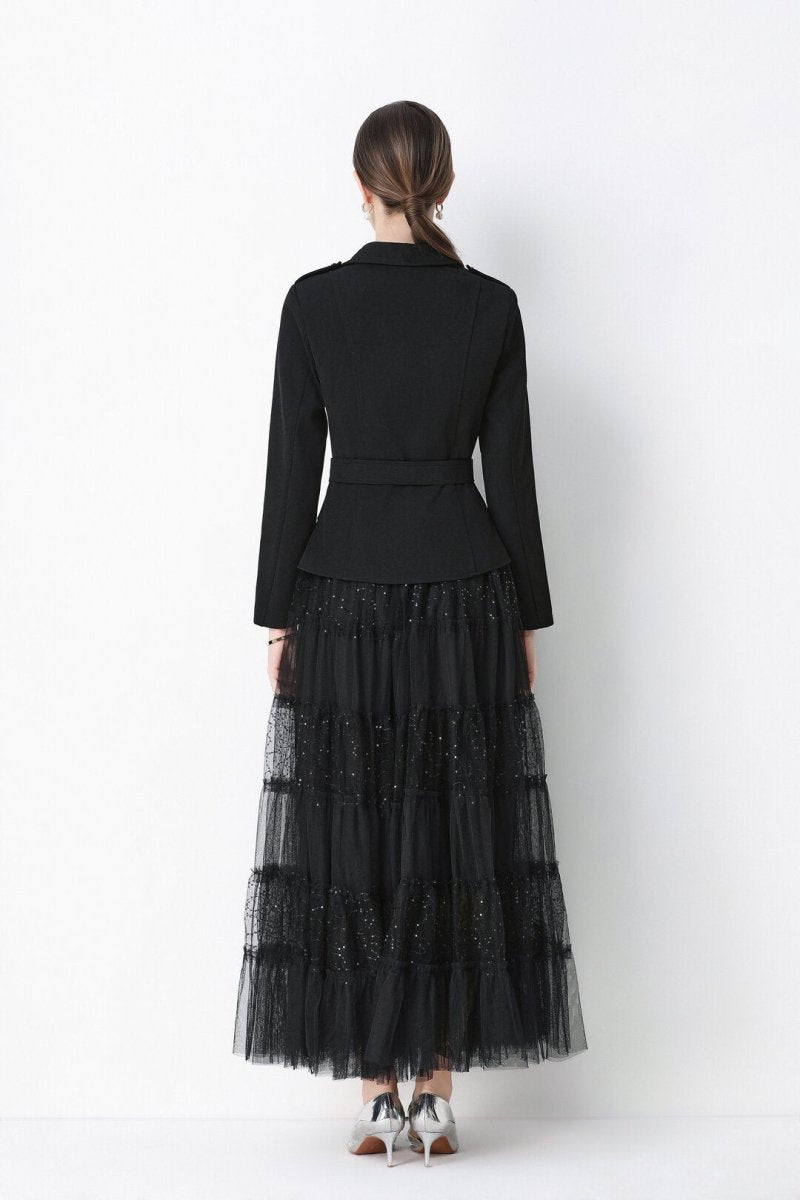 Military Notch-Lapel Peplum Jacket & Tiered Glitter Tulle Skirt Set