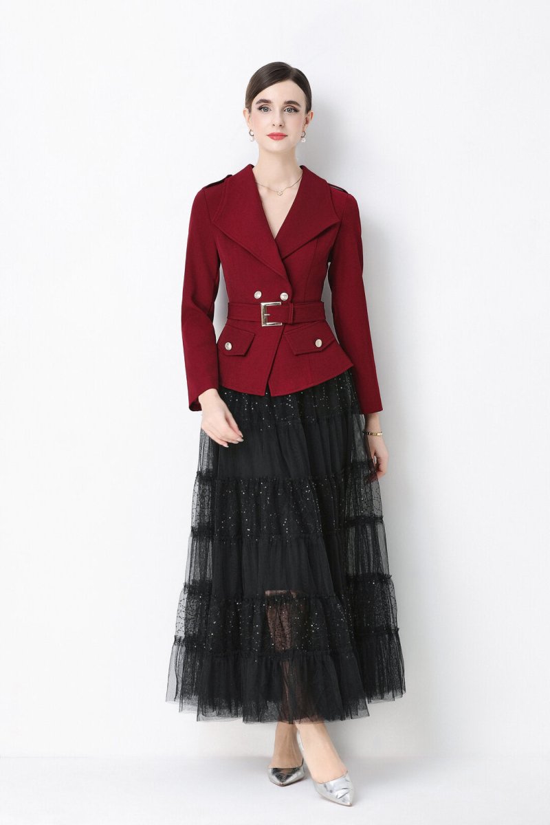 Military Notch-Lapel Peplum Jacket & Tiered Glitter Tulle Skirt Set