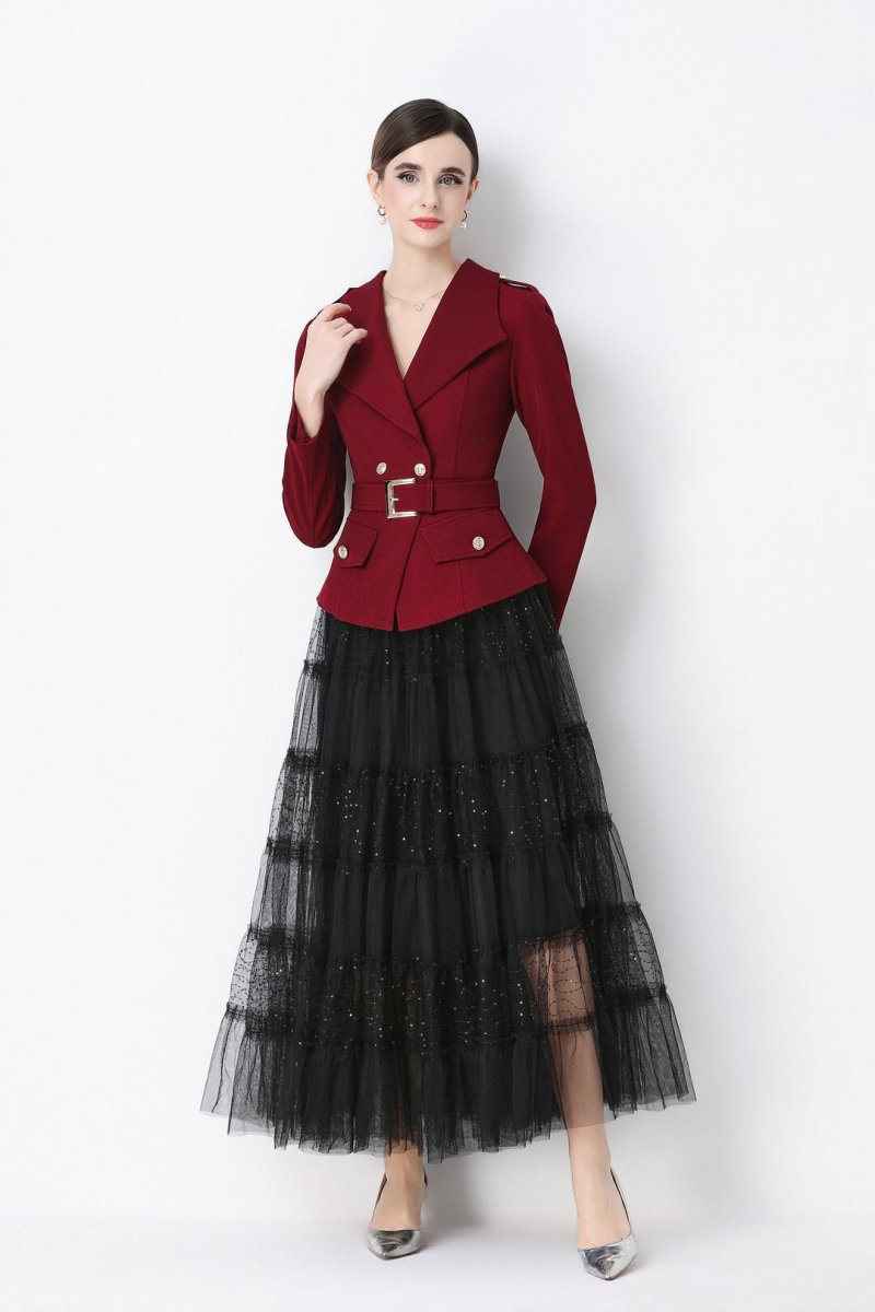 Military Notch-Lapel Peplum Jacket & Tiered Glitter Tulle Skirt Set