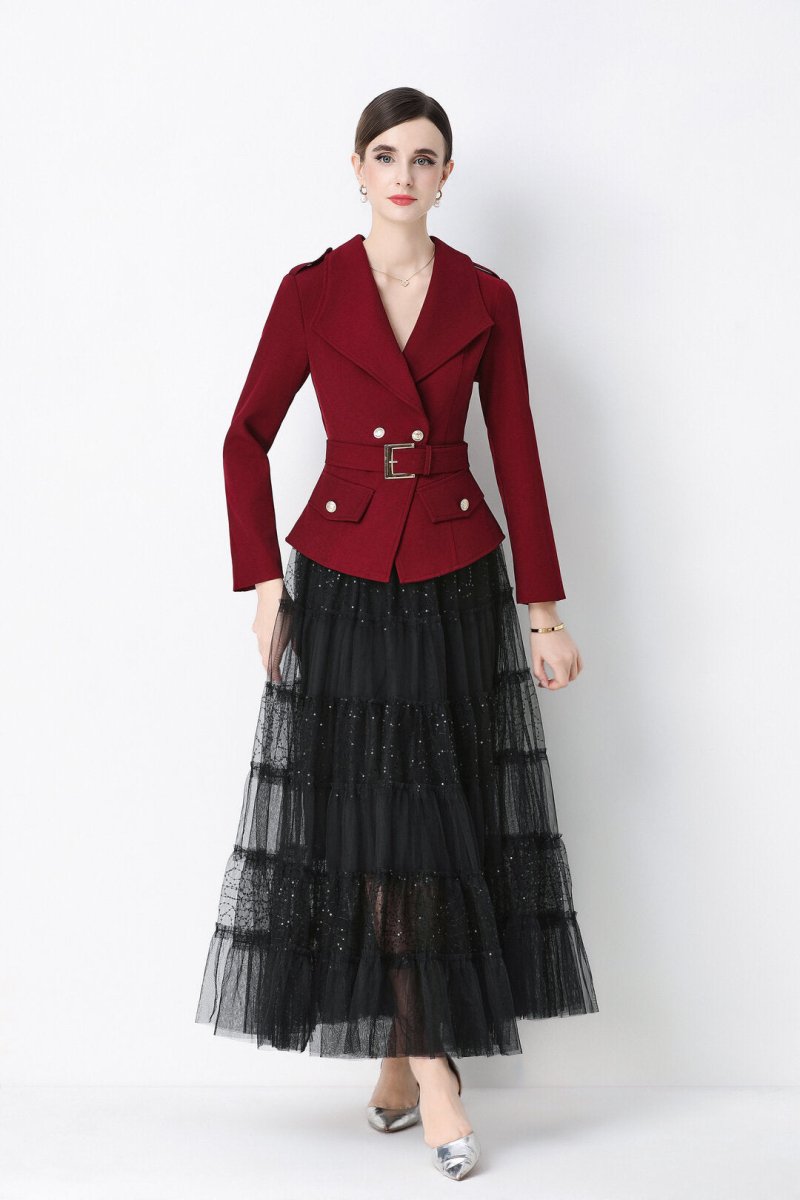 Military Notch-Lapel Peplum Jacket & Tiered Glitter Tulle Skirt Set