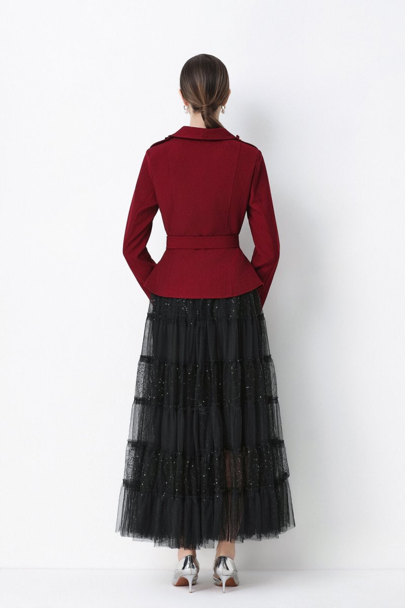 Military Notch-Lapel Peplum Jacket & Tiered Glitter Tulle Skirt Set