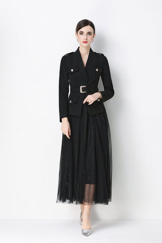 Military Peplum Jacket & Glitter Tulle Maxi Skirt Set