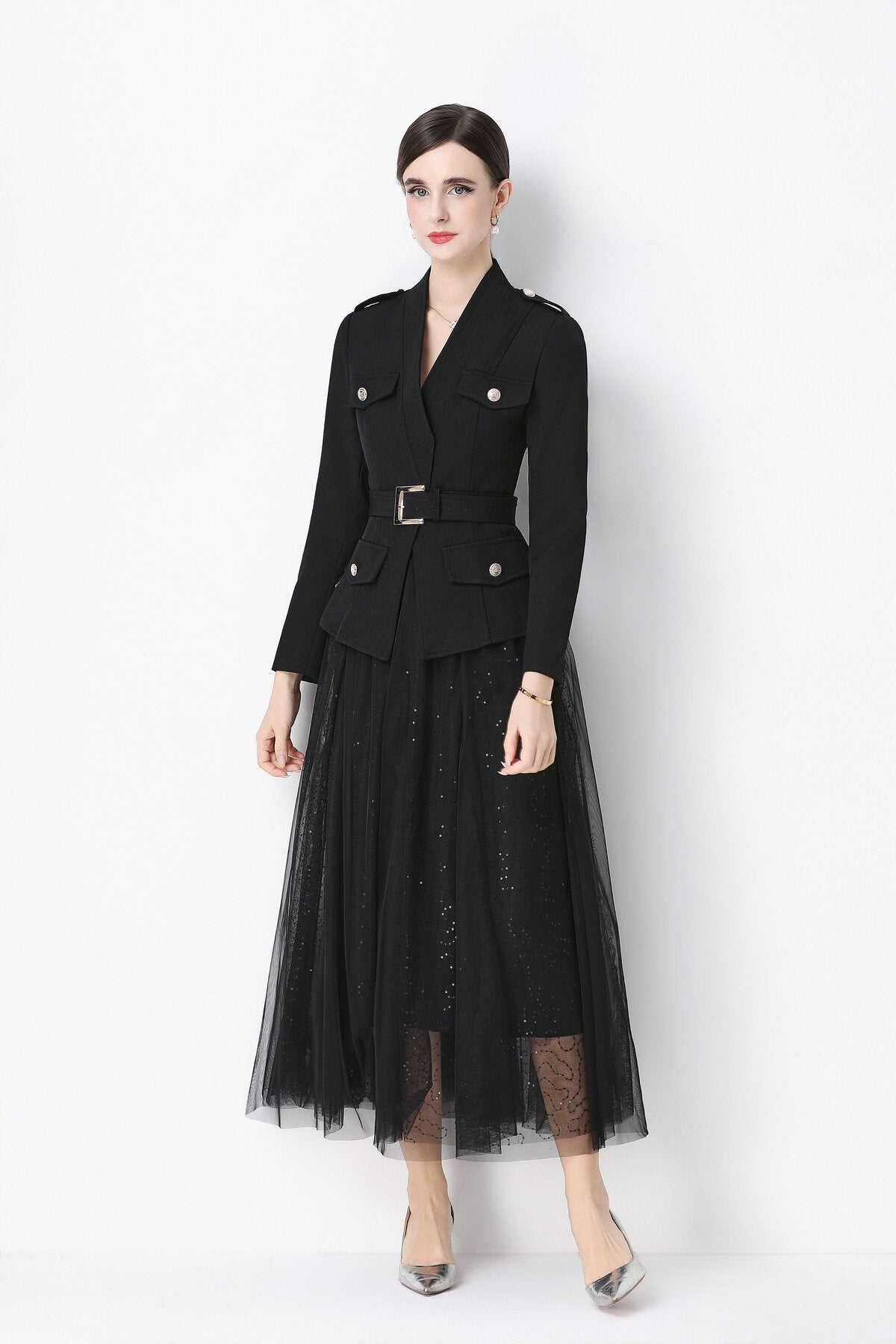 Military Peplum Jacket & Glitter Tulle Maxi Skirt Set