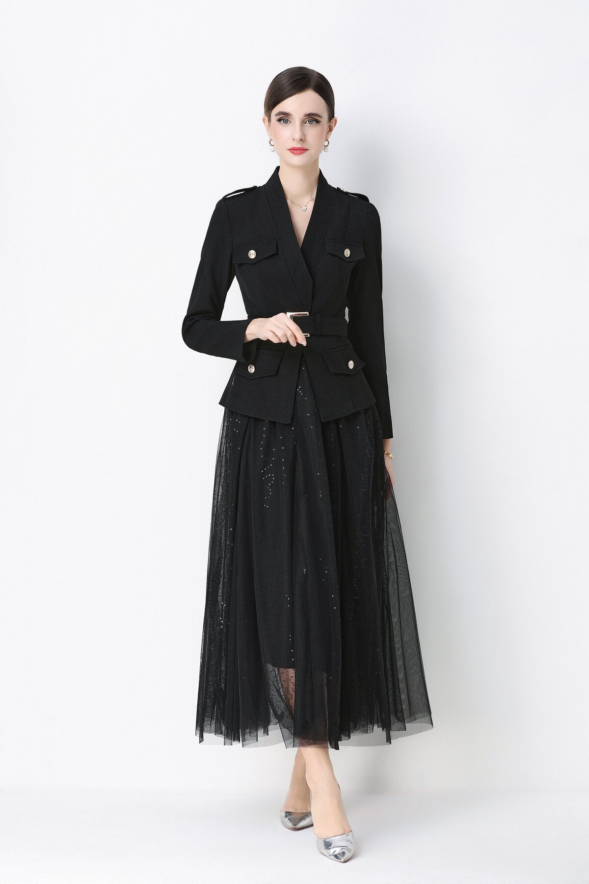 Military Peplum Jacket & Glitter Tulle Maxi Skirt Set