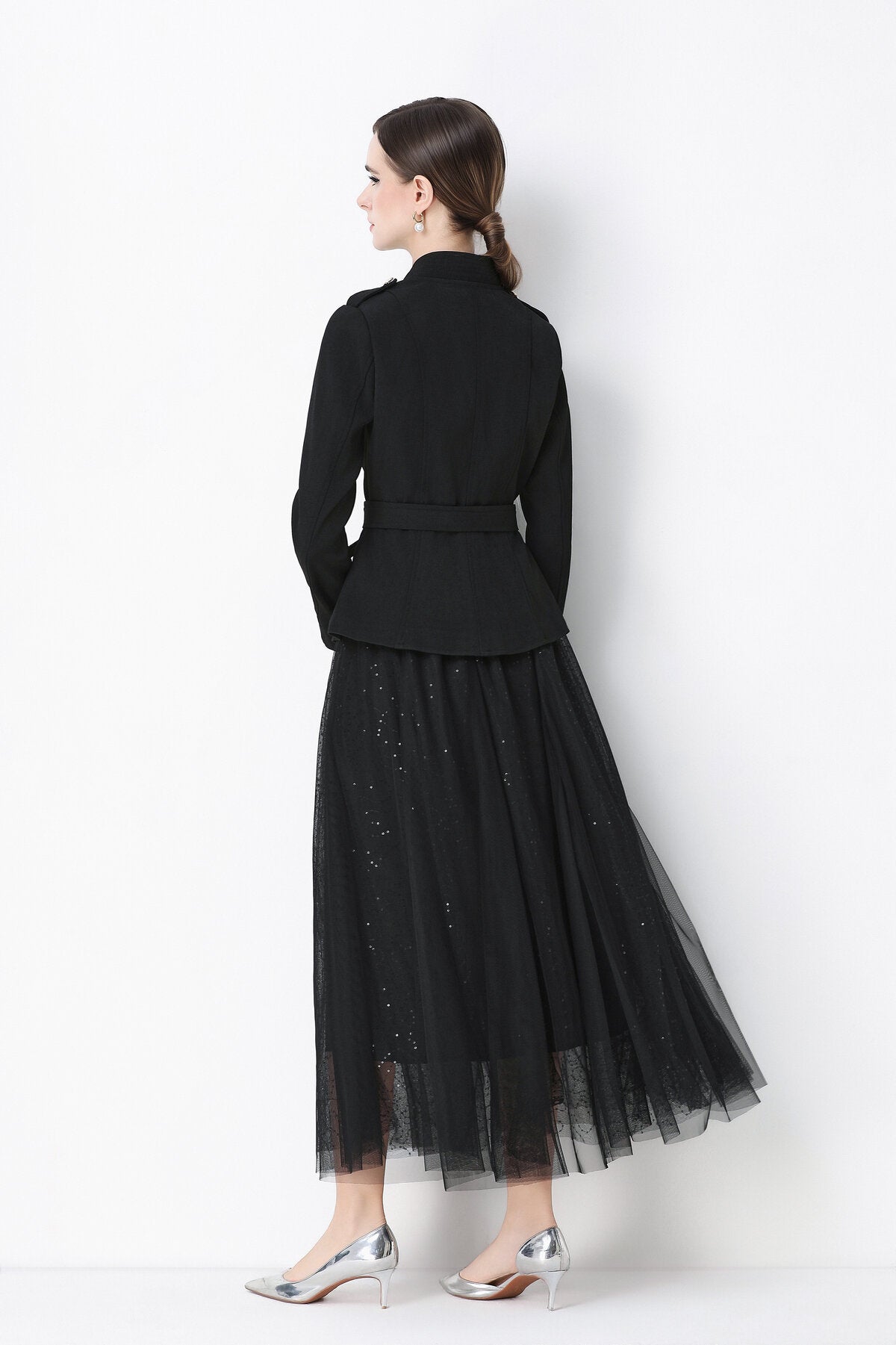 Military Peplum Jacket & Glitter Tulle Maxi Skirt Set