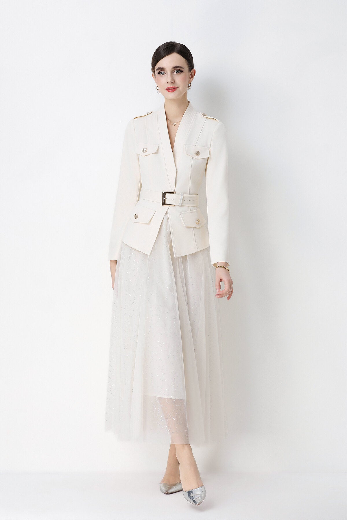 Military Peplum Jacket & Glitter Tulle Maxi Skirt Set