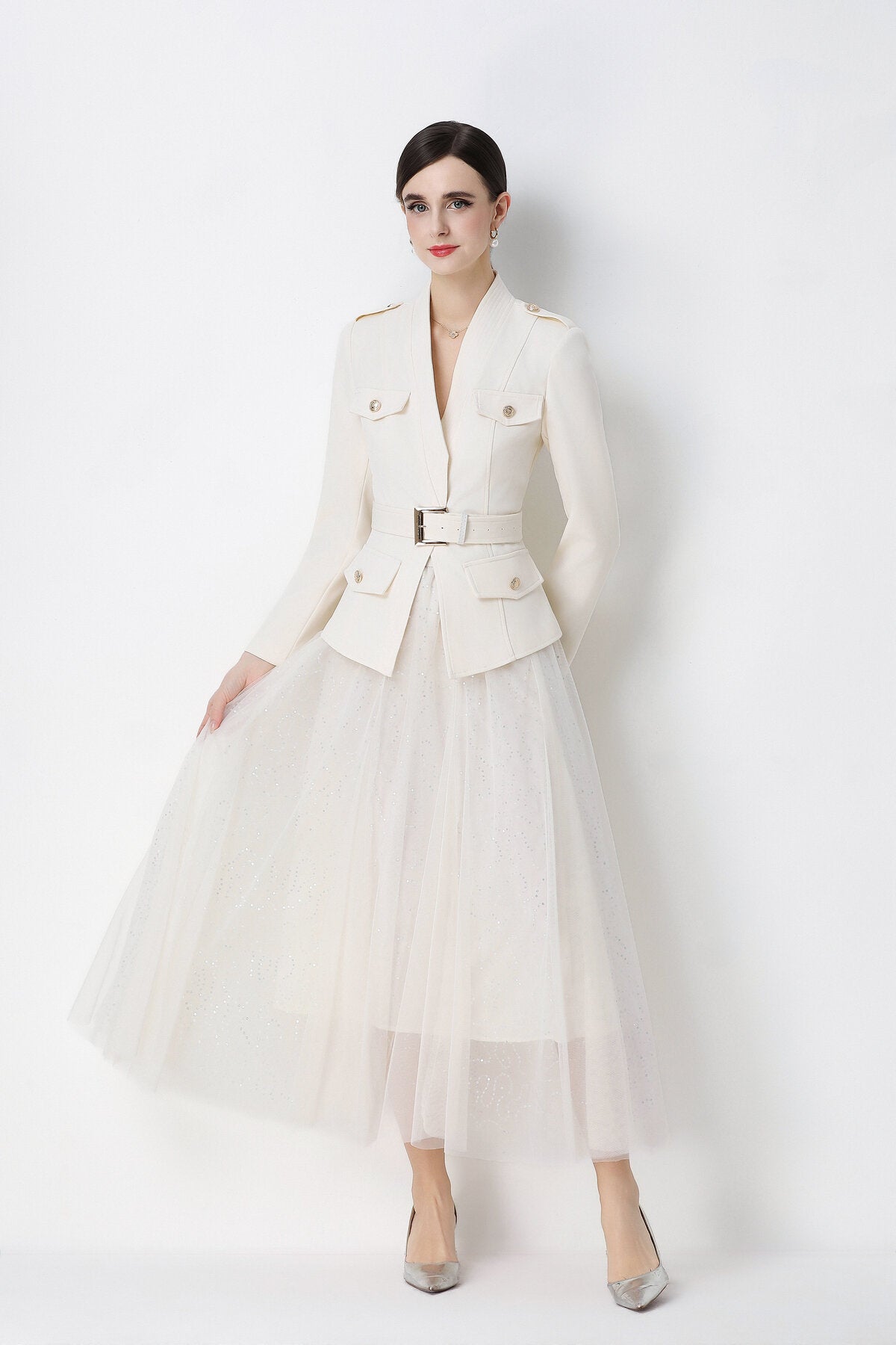 Military Peplum Jacket & Glitter Tulle Maxi Skirt Set