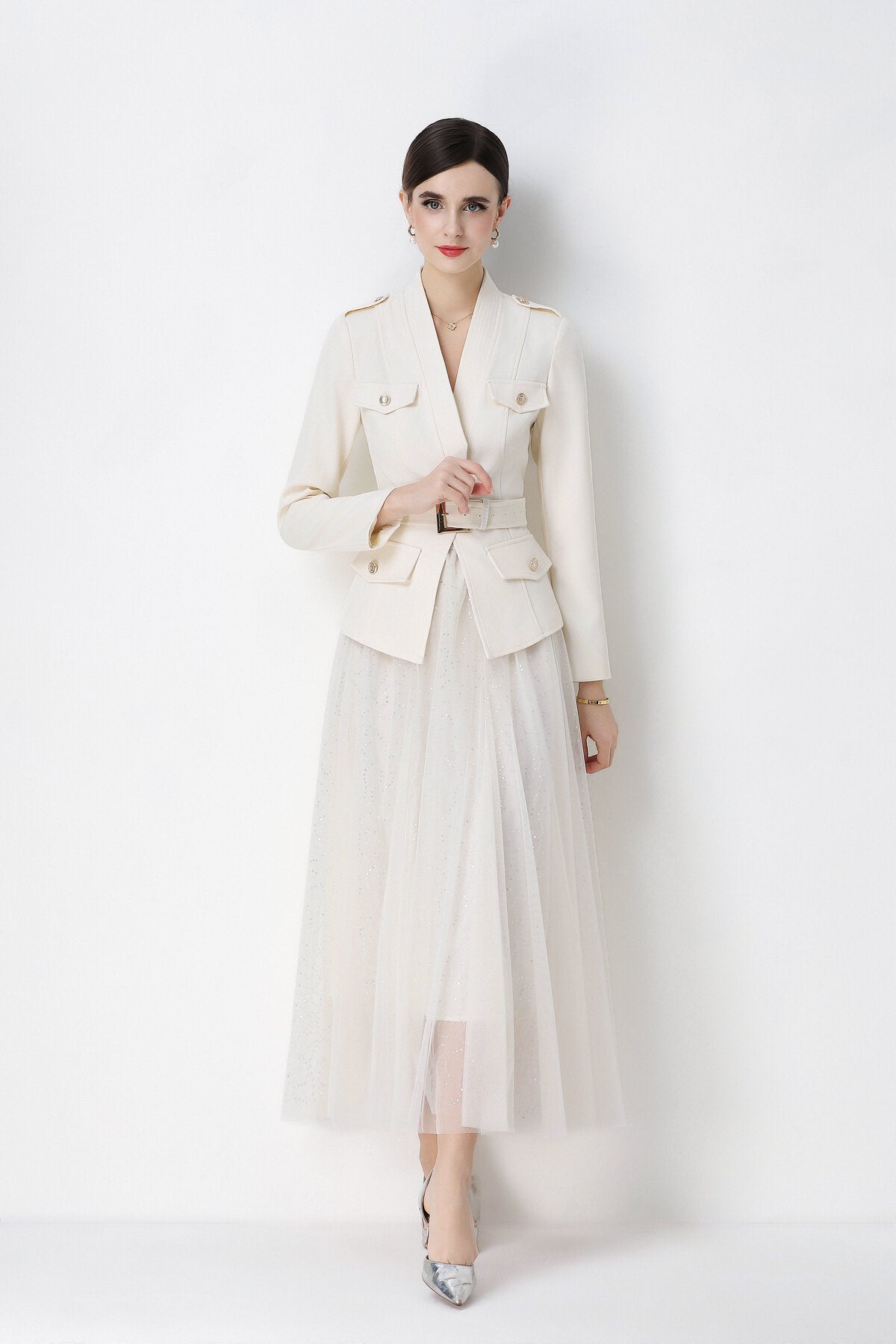 Military Peplum Jacket & Glitter Tulle Maxi Skirt Set