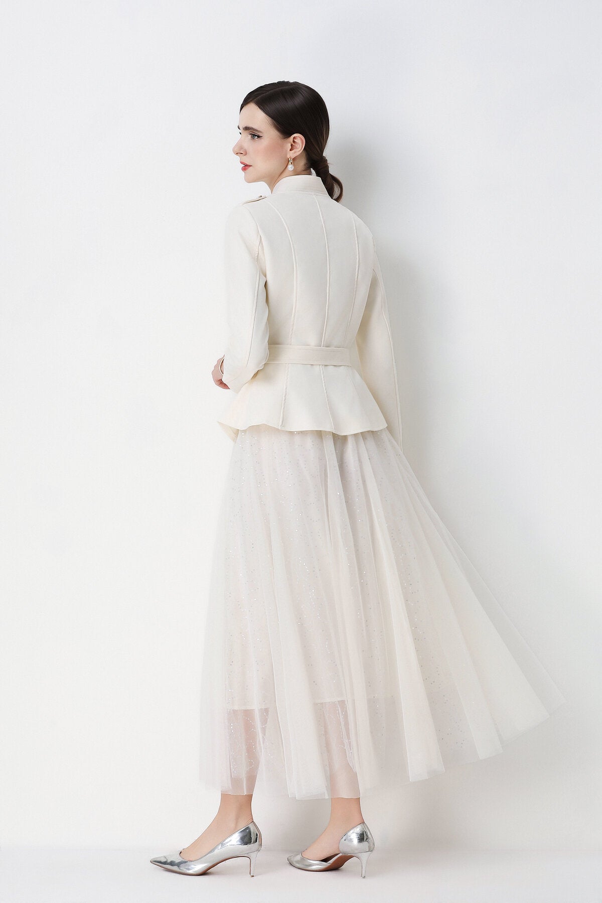 Military Peplum Jacket & Glitter Tulle Maxi Skirt Set