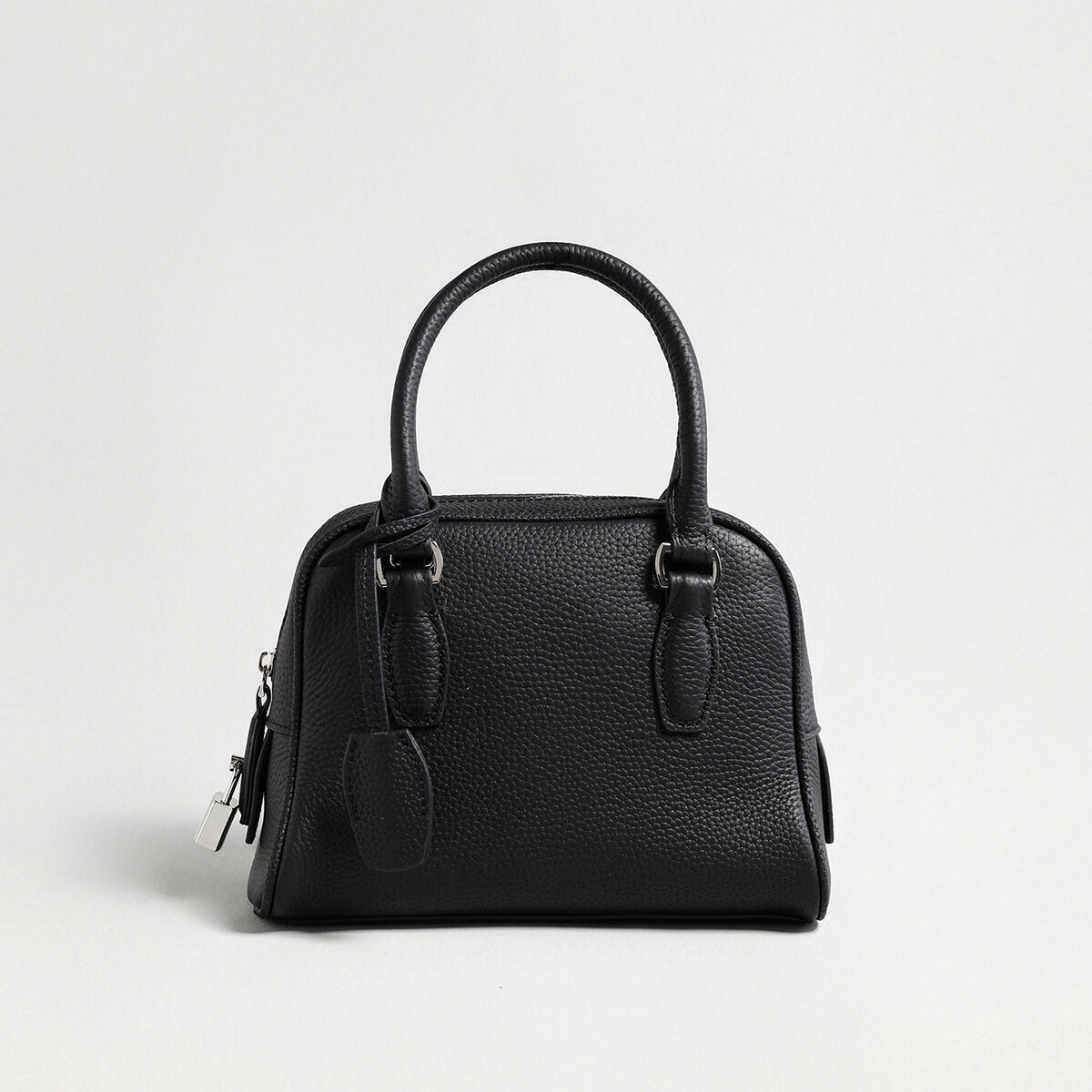 Mini Pebbled Leather Bowling Bag with Padlock Charm – Structured Top-Handle Crossbody Bag