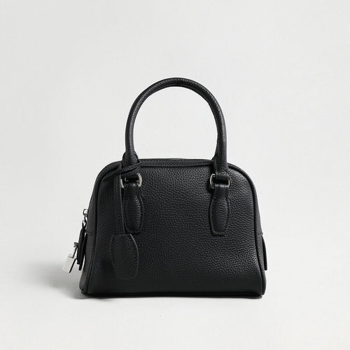 Mini Pebbled Leather Bowling Bag with Padlock Charm – Structured Top-Handle Crossbody Bag