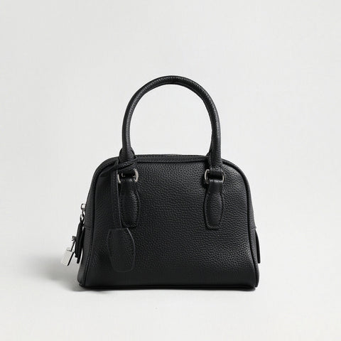 Mini Pebbled Leather Bowling Bag with Padlock Charm – Structured Top-Handle Crossbody Bag