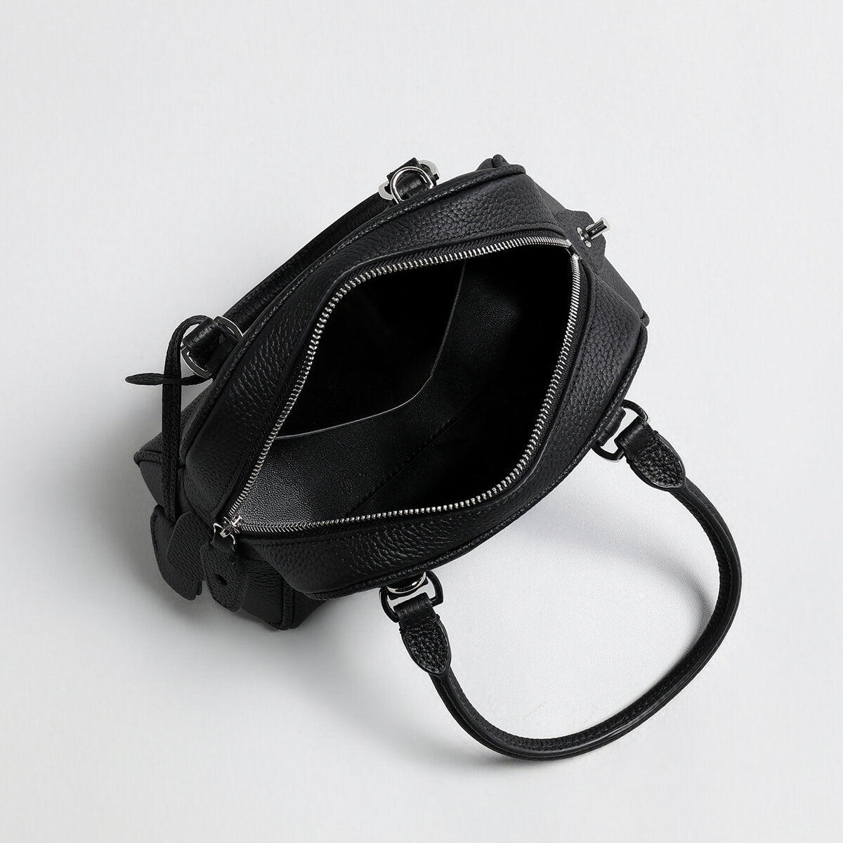 Mini Pebbled Leather Bowling Bag with Padlock Charm – Structured Top-Handle Crossbody Bag