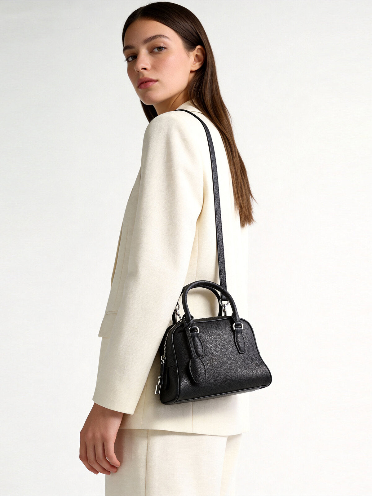 Mini Pebbled Leather Bowling Bag with Padlock Charm – Structured Top-Handle Crossbody Bag