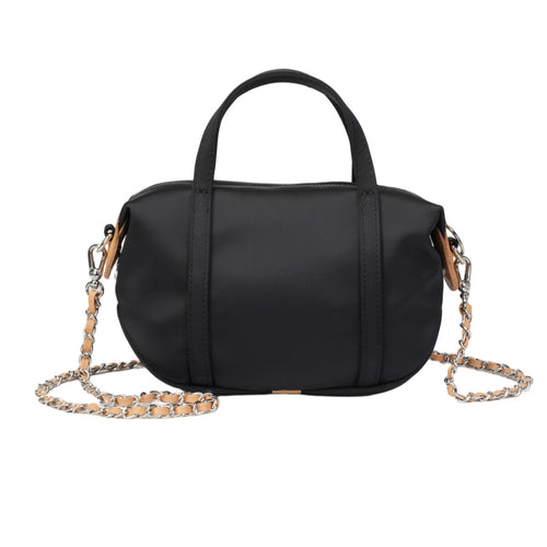 Mini Triacetate Satin Boston Bag with Leather Chain Strap – Convertible Top Handle & Crossbody Purse