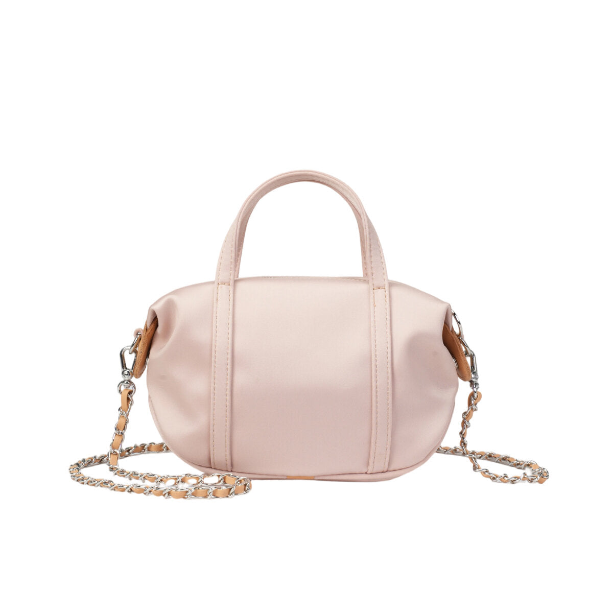 Mini Triacetate Satin Boston Bag with Leather Chain Strap – Convertible Top Handle & Crossbody Purse