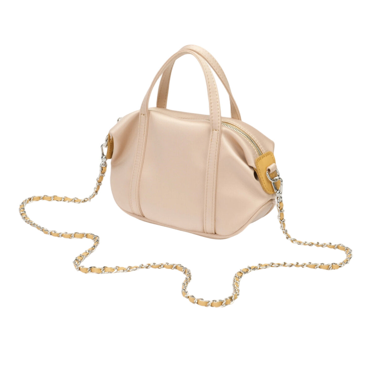 Mini Triacetate Satin Boston Bag with Leather Chain Strap – Convertible Top Handle & Crossbody Purse