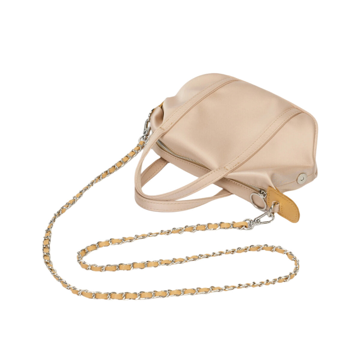 Mini Triacetate Satin Boston Bag with Leather Chain Strap – Convertible Top Handle & Crossbody Purse