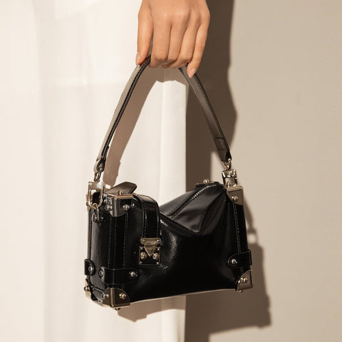Mini Trunk Top Handle Bag with Metal Embellishments – Structured Cowhide Leather Box Bag with Silver Hardware
