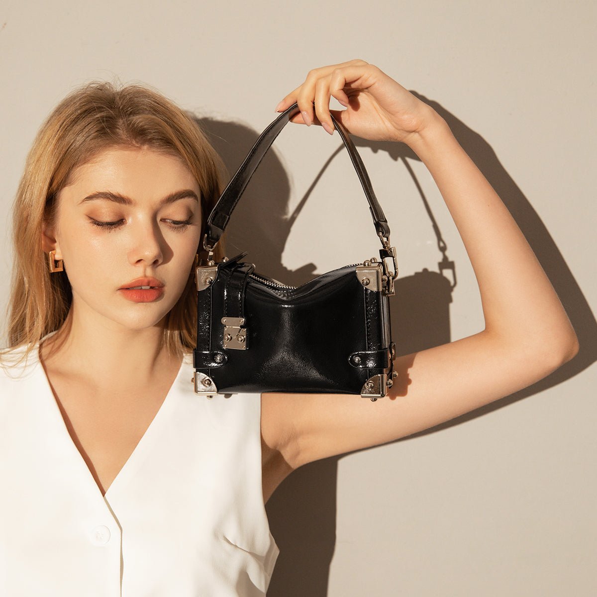 Mini Trunk Top Handle Bag with Metal Embellishments – Structured Cowhide Leather Box Bag with Silver Hardware
