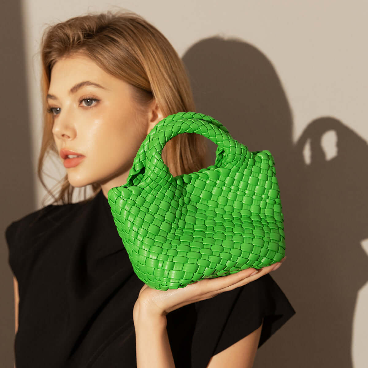 mini woven top handle bag green 4
