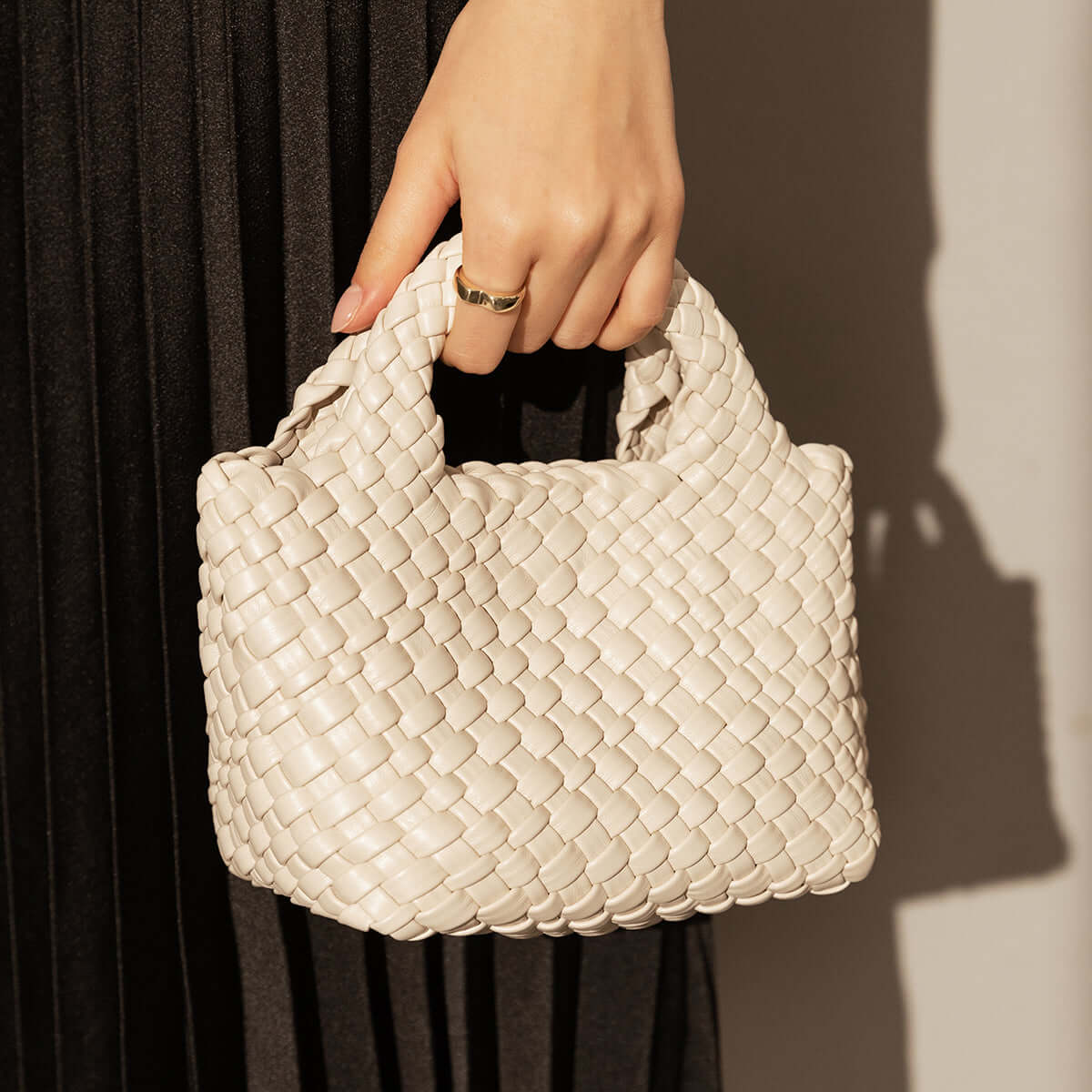 mini woven top handle bag white 1