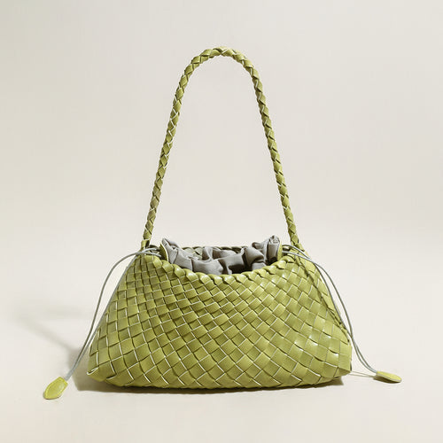 Mini Woven Trapezoid Drawstring Shoulder Bag – Handwoven Microfiber Leather Shoulder Bag