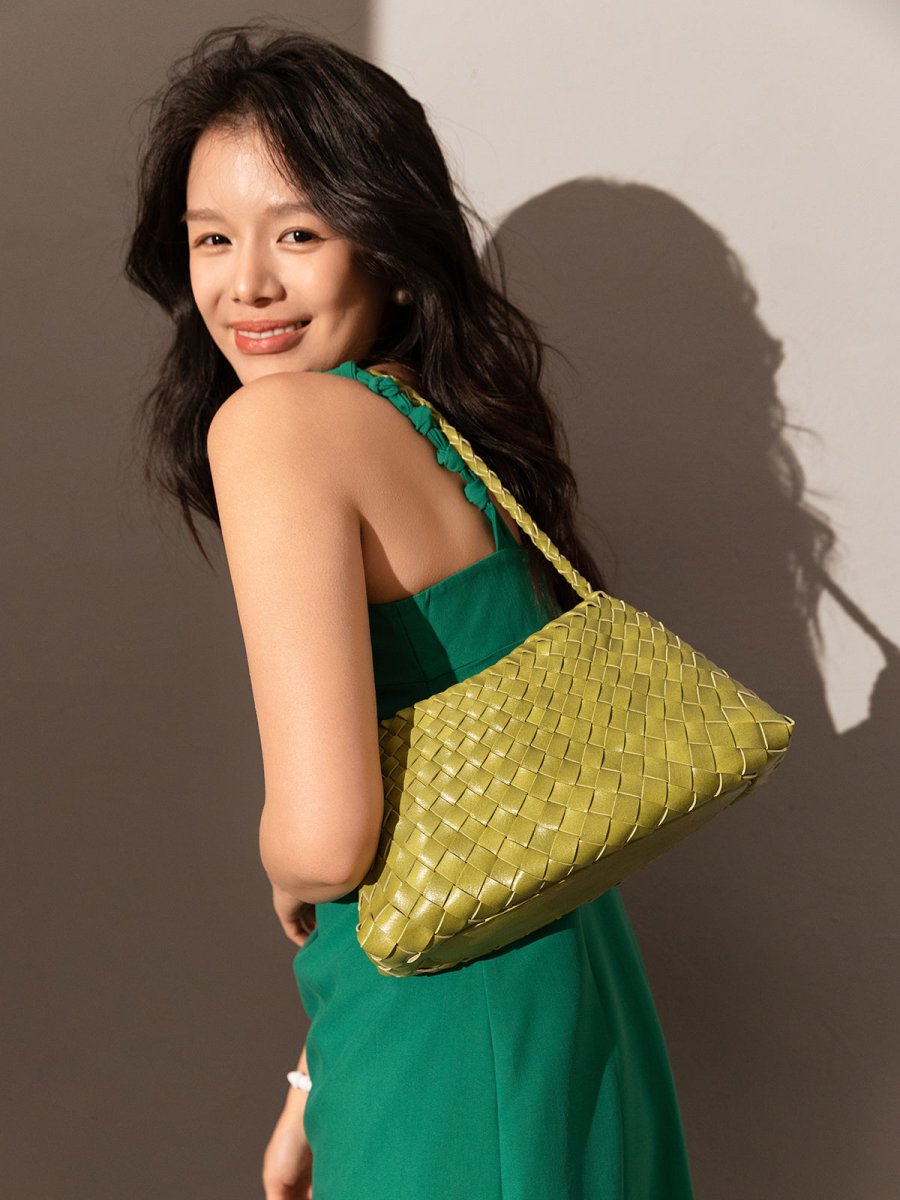Mini Woven Trapezoid Drawstring Shoulder Bag – Handwoven Microfiber Leather Shoulder Bag