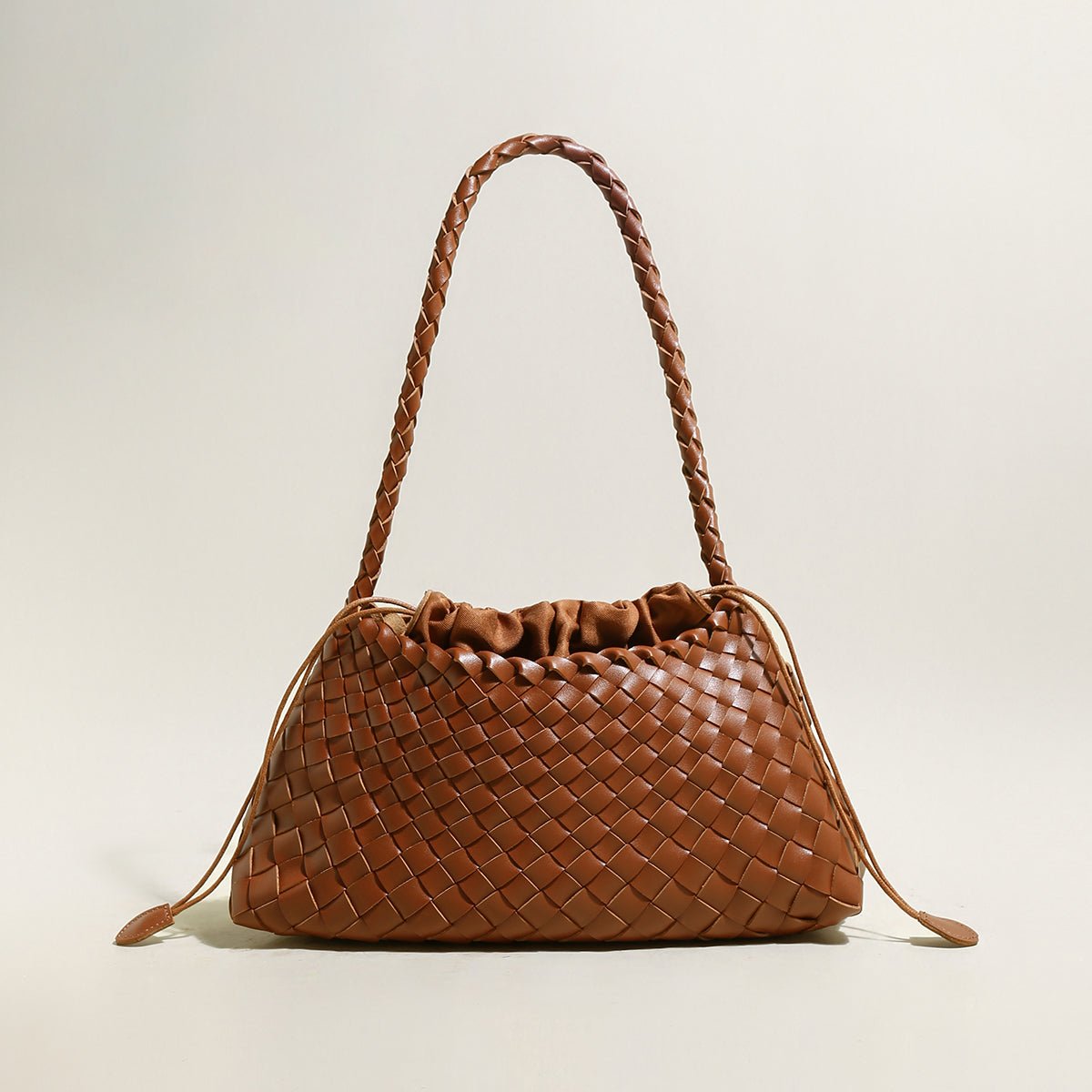Mini Woven Trapezoid Drawstring Shoulder Bag – Handwoven Microfiber Leather Shoulder Bag