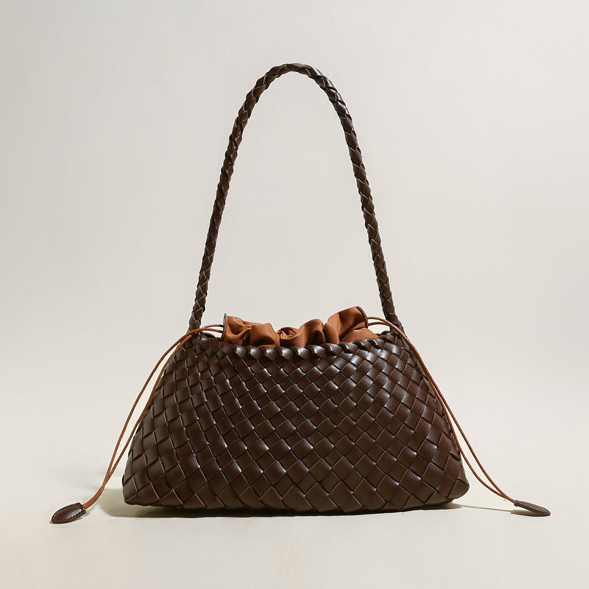 Mini Woven Trapezoid Drawstring Shoulder Bag – Handwoven Microfiber Leather Shoulder Bag