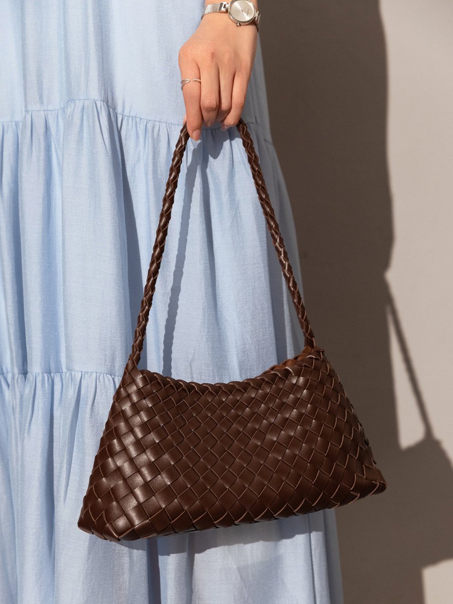 Mini Woven Trapezoid Drawstring Shoulder Bag – Handwoven Microfiber Leather Shoulder Bag