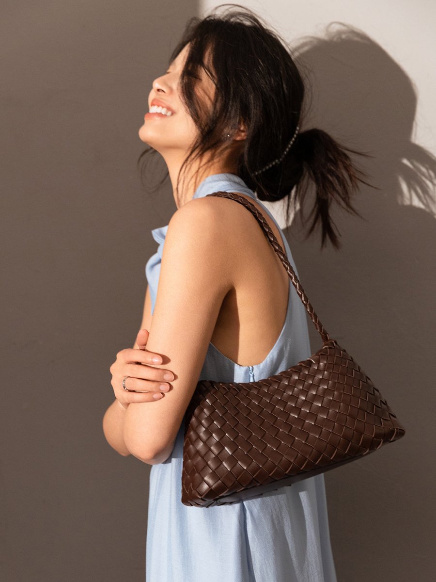 Mini Woven Trapezoid Drawstring Shoulder Bag – Handwoven Microfiber Leather Shoulder Bag
