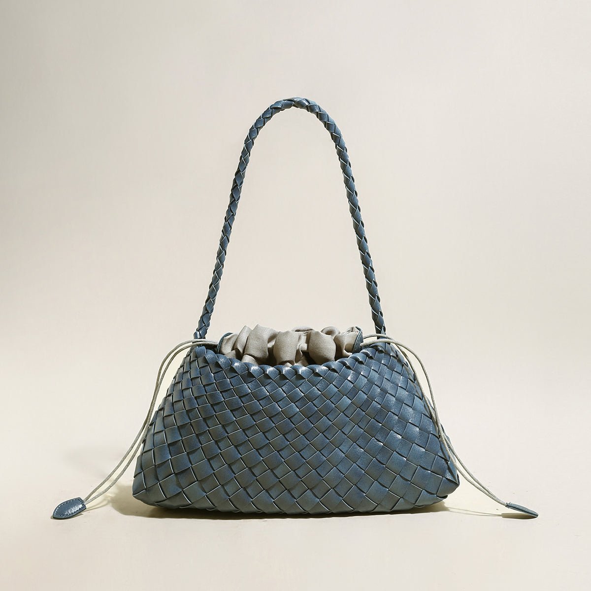 Mini Woven Trapezoid Drawstring Shoulder Bag – Handwoven Microfiber Leather Shoulder Bag