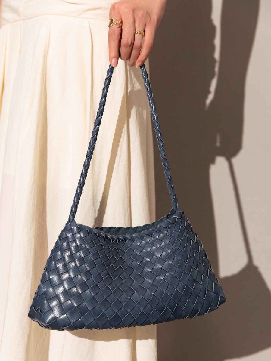 Mini Woven Trapezoid Drawstring Shoulder Bag – Handwoven Microfiber Leather Shoulder Bag