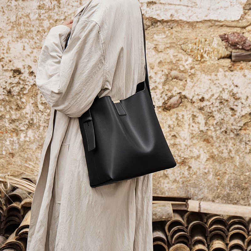 Minimalist Genuine Leather Bucket Shoulder Bag
