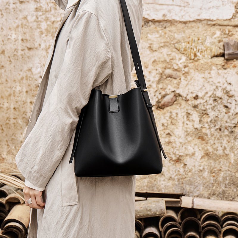 Minimalist Genuine Leather Bucket Shoulder Bag