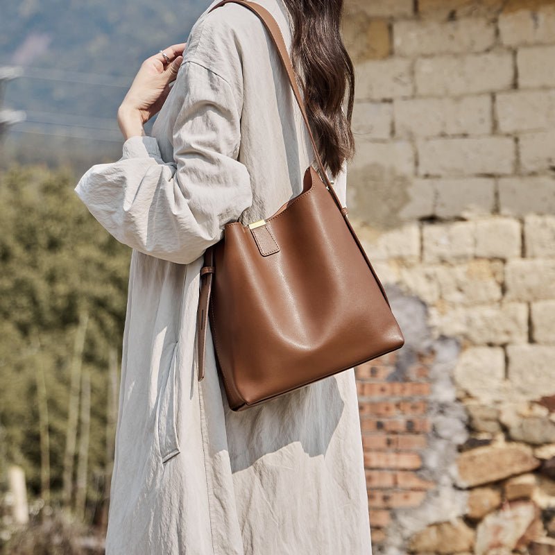 Minimalist Genuine Leather Bucket Shoulder Bag
