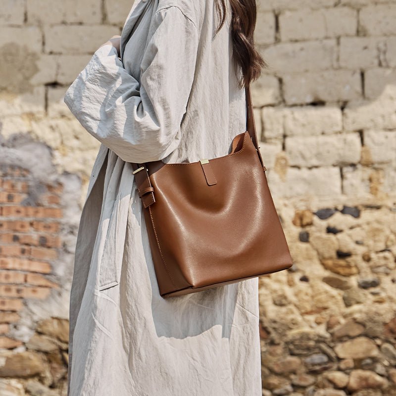Minimalist Genuine Leather Bucket Shoulder Bag
