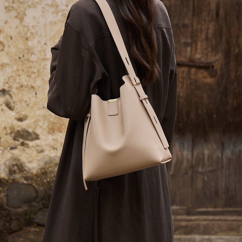 Minimalist Genuine Leather Bucket Shoulder Bag