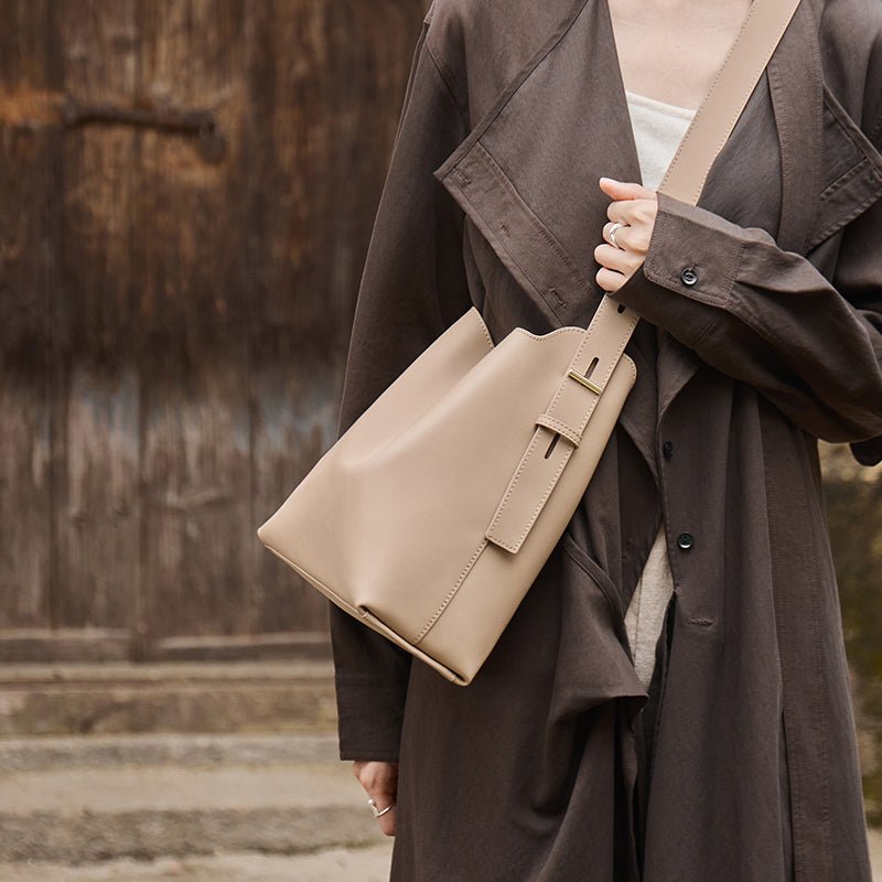 Minimalist Genuine Leather Bucket Shoulder Bag