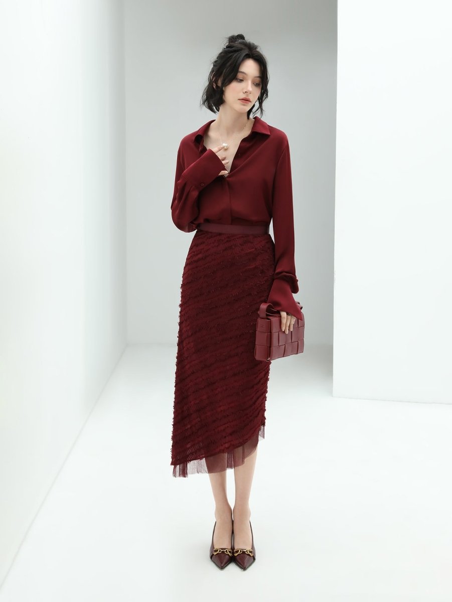 Minimalist Glossy Burgundy Wine Button Down Shirt - 0cm