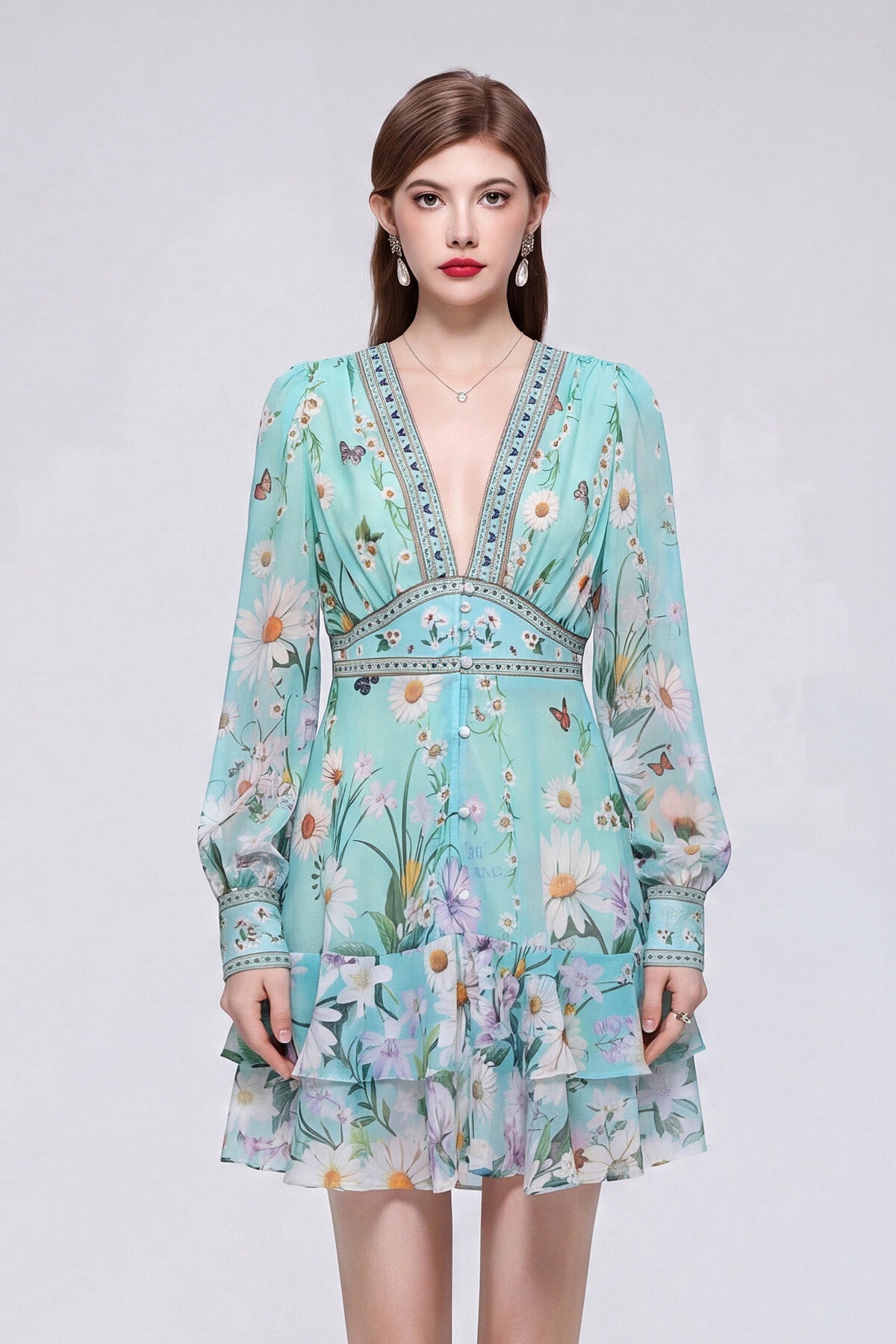 Mint Green Daisy & Butterfly Deep V-Neck Mini Dress