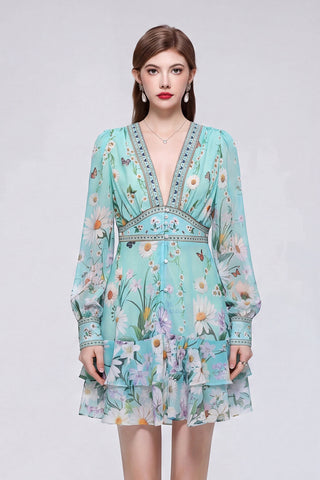Mint Green Daisy & Butterfly Deep V-Neck Mini Dress