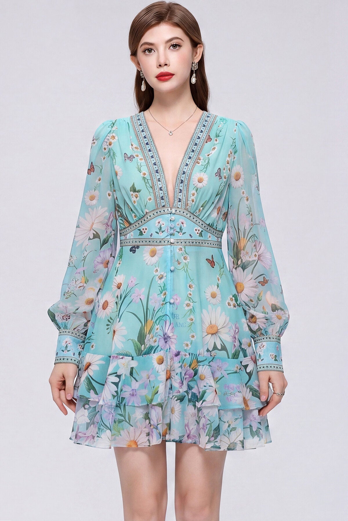 Mint Green Daisy & Butterfly Deep V-Neck Mini Dress