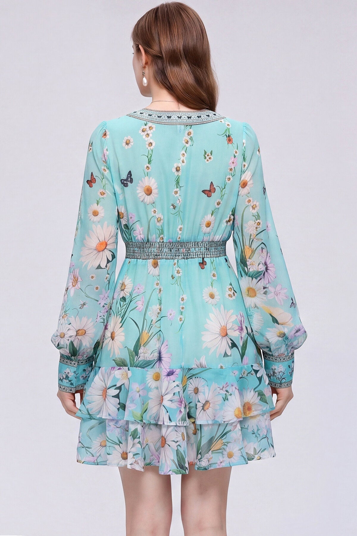 Mint Green Daisy & Butterfly Deep V-Neck Mini Dress