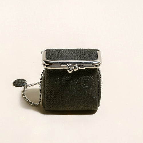 Modern Ball Clasp Wallet with Adjustable Chain Strap – Pebble-Grain Leather Kiss-Lock Mini Bag