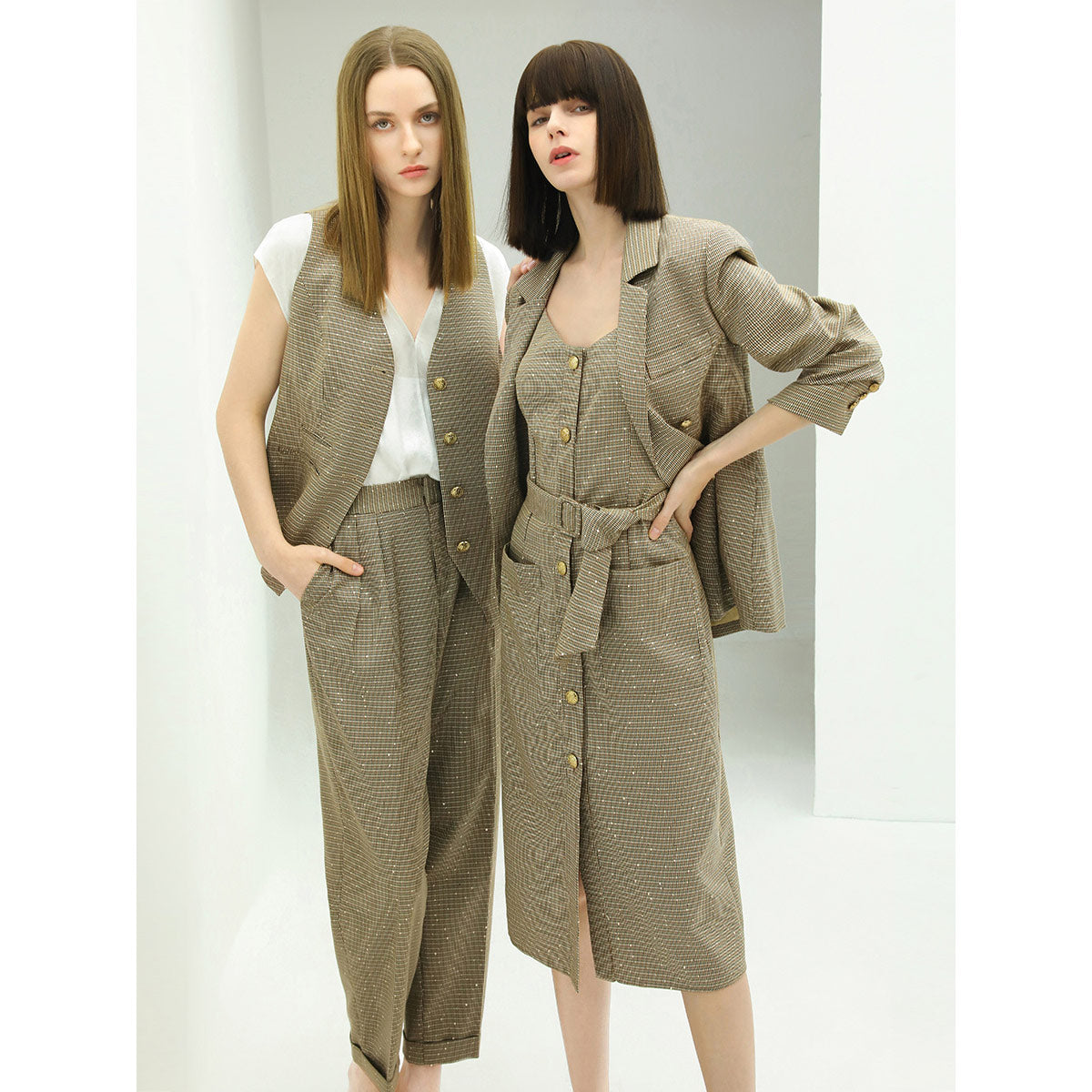 modern double breasted beige checkered blazer all check 2