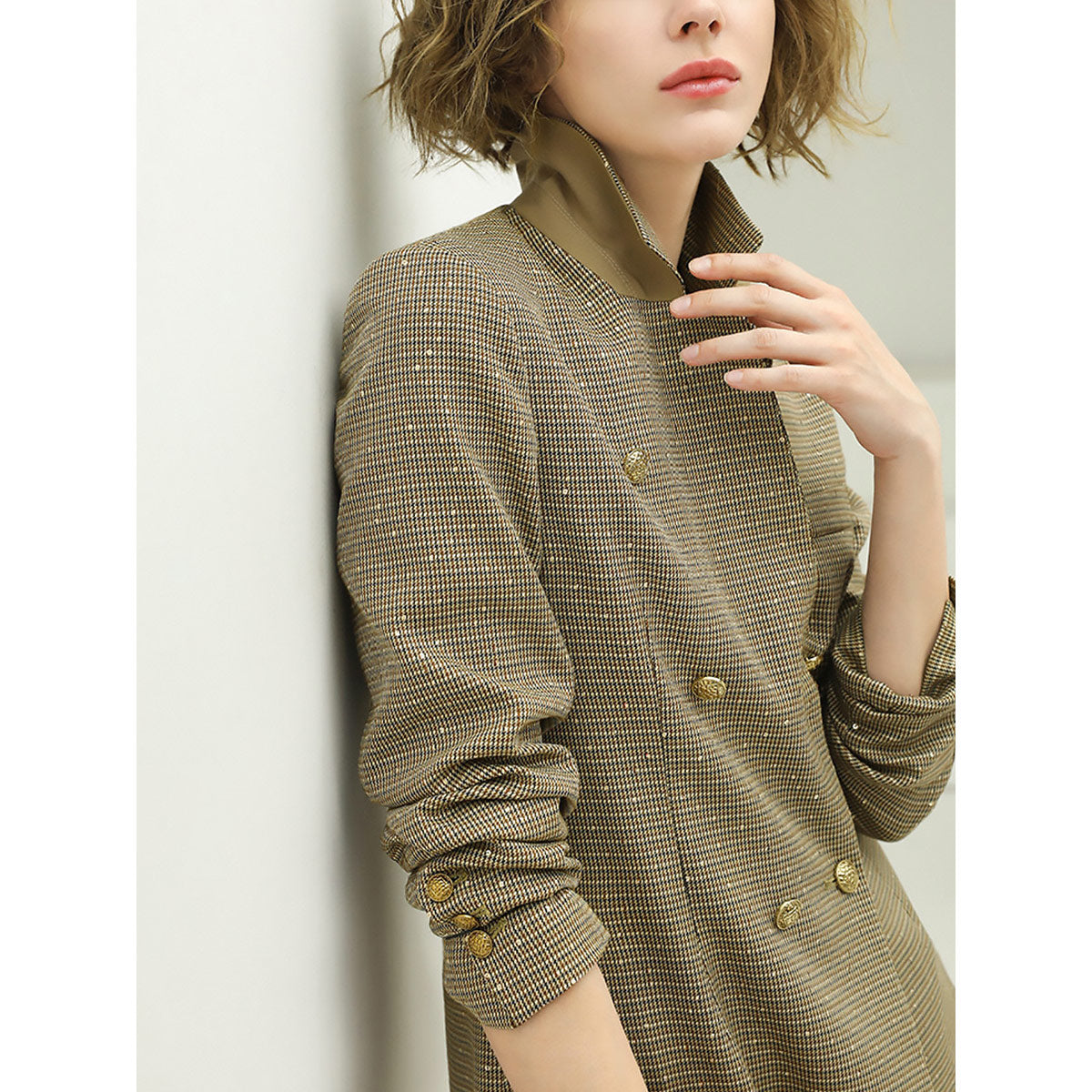 modern double breasted beige checkered blazer all check 3