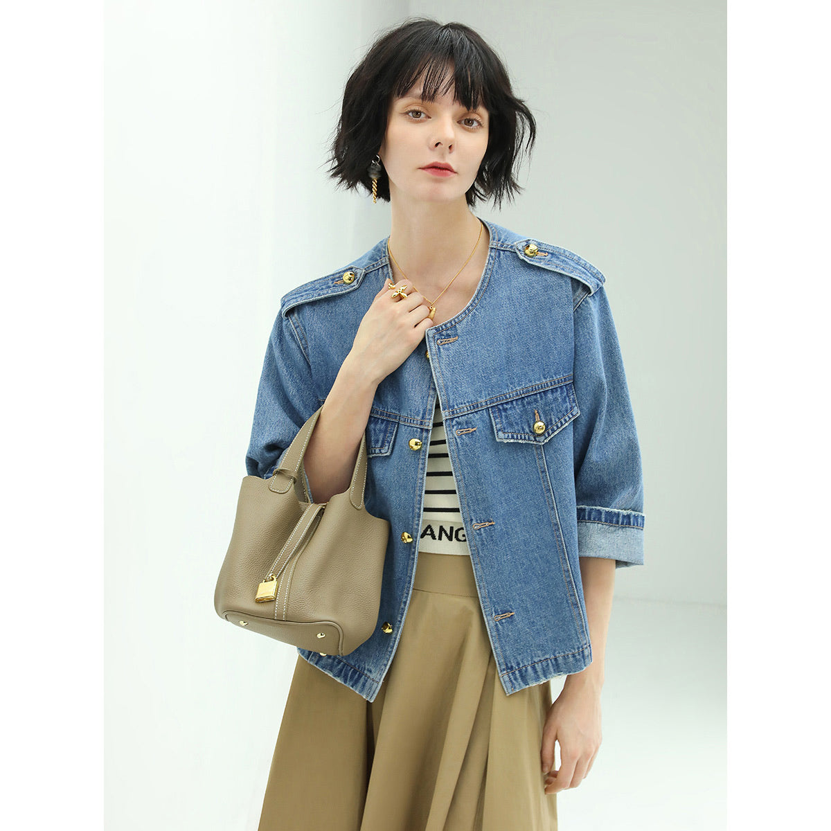 modern military inspired cropped blue denim jacket all blue 1